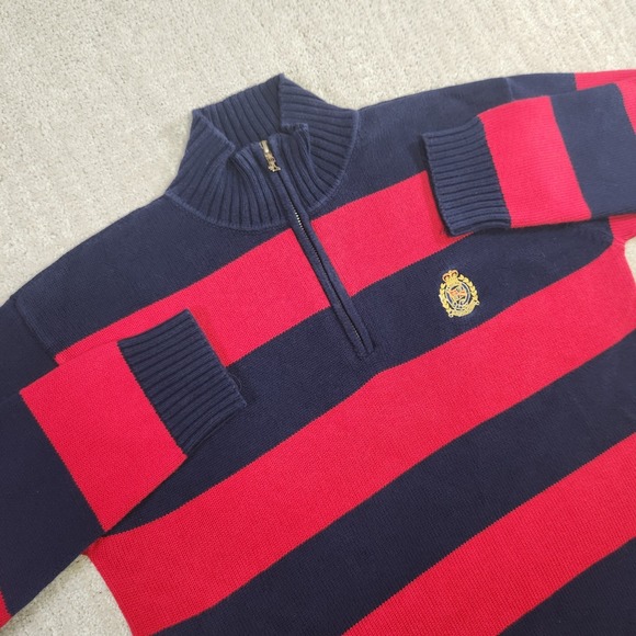 Ralph Lauren Sweater Women Small Striped Crest Logo Chunky Knit Holiday Red Blue - Picture 1 of 10